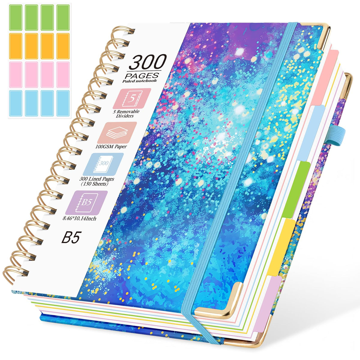 Hardcover Spiral Notebook, 5 Subject Notebook College Ruled 300 Pages