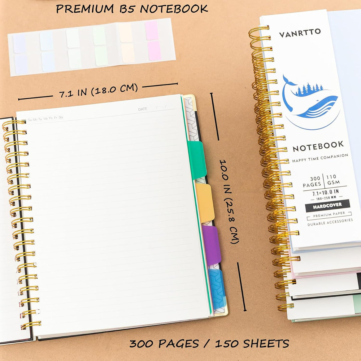 VANRTTO Hardcover 5 Subjects Spiral Notebook College Ruled Lined B5 Black