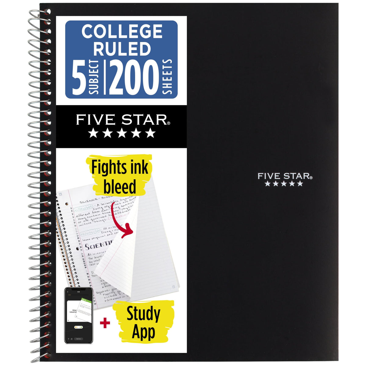 Five Star Spiral Notebook + Study App, 5 Subject, College Ruled Paper, 8-1/2" x 11", 200 Sheets, Fights Ink Bleed, Water Resistant Cover, Prom Pink (820004R)