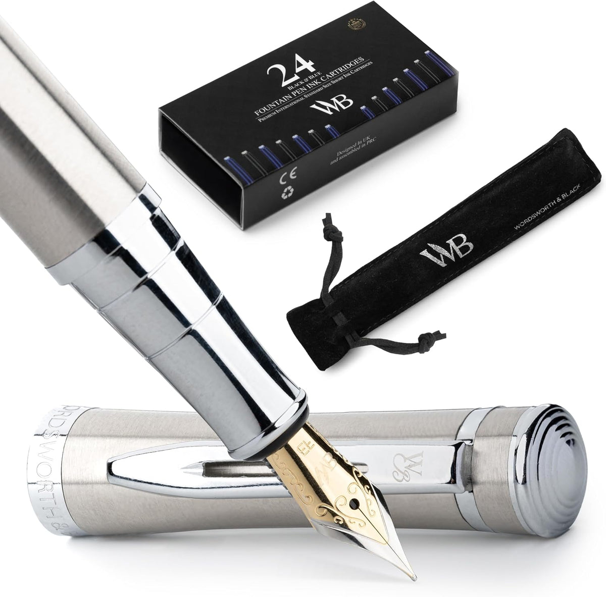 Wordsworth & Black Fountain Pen Set for Writing, Extra Fine Nib, Silver