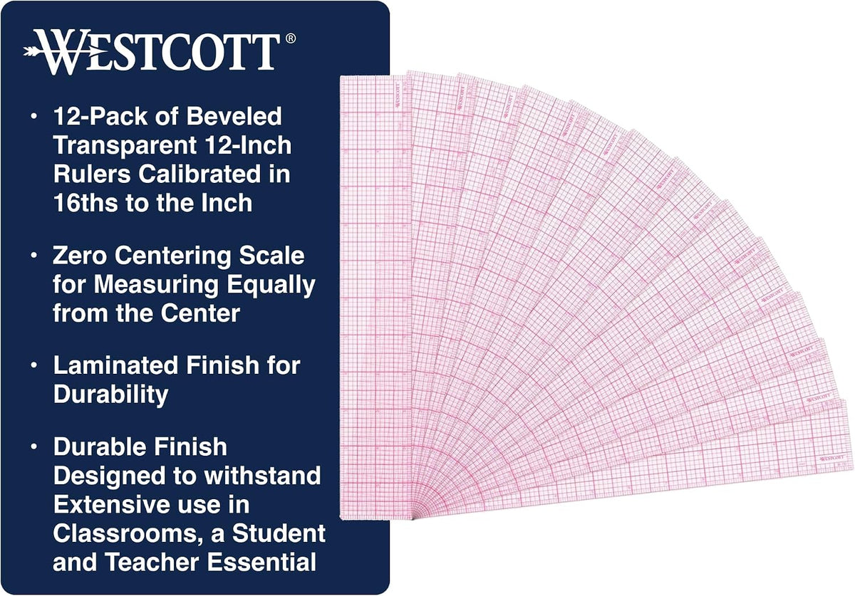 Westcott 8ths Graph Transparent Beveled Edge Ruler, Zero Centering Scale, Durable Laminated Finish,12-Inch, Measuring Tool for School, Office, Drafting, Sewing, Engineering, School Supplies, 12 Pack