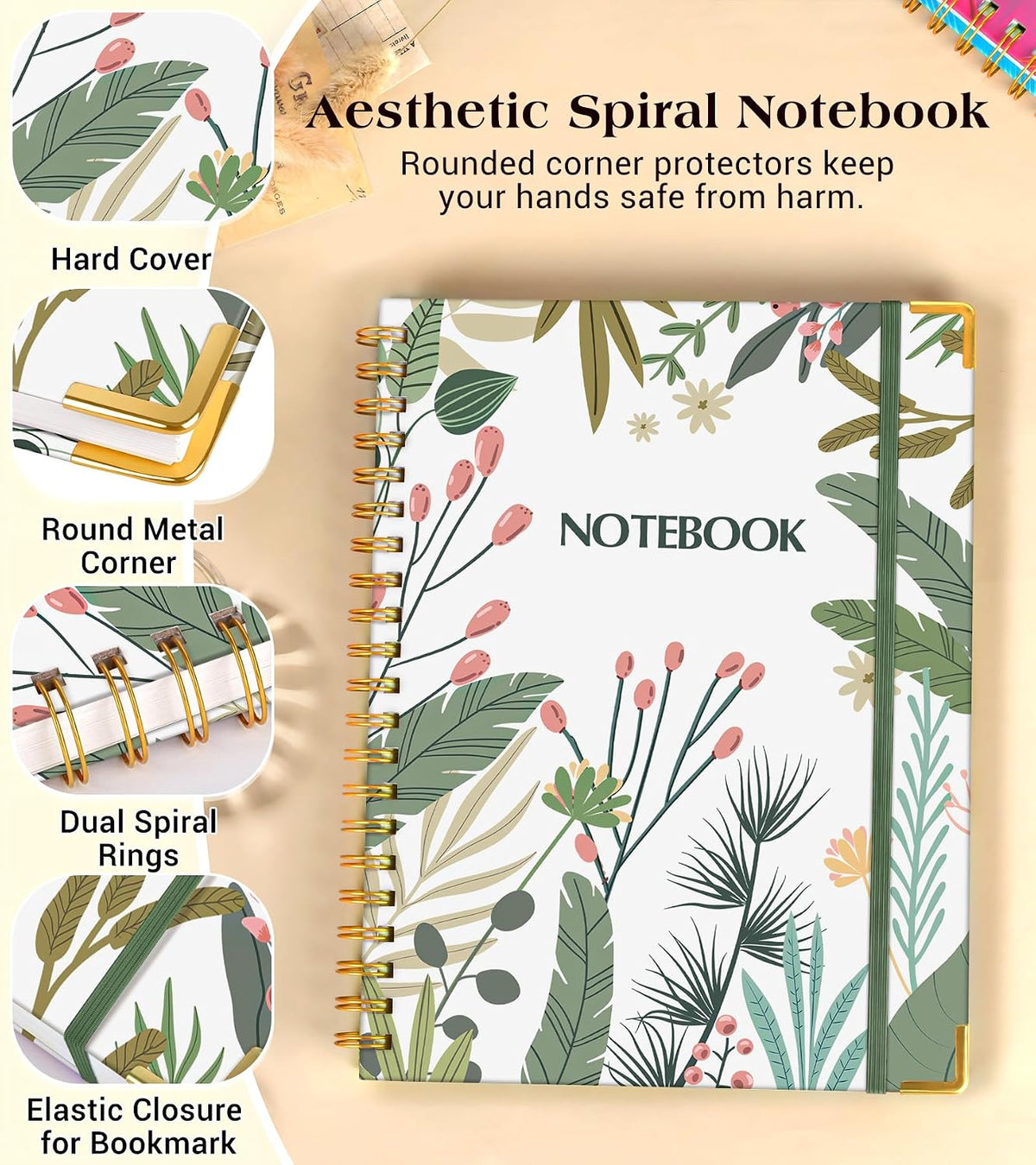 Lined Spiral Notebook Journal for Women, 200 Pages Aesthetic Notebooks 8.5” x 11”, A4 Large Hardcover Spiral Journals with 100 GSM Thick Paper, Cute College Ruled Notebook for Writing Work School, Colorful Botanicals