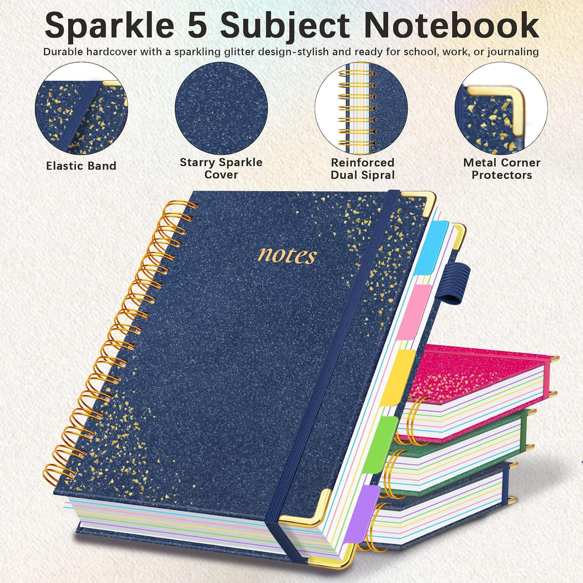 Hardcover Spiral Notebook with Tabs & Dividers, 8"x10" 5 Subject