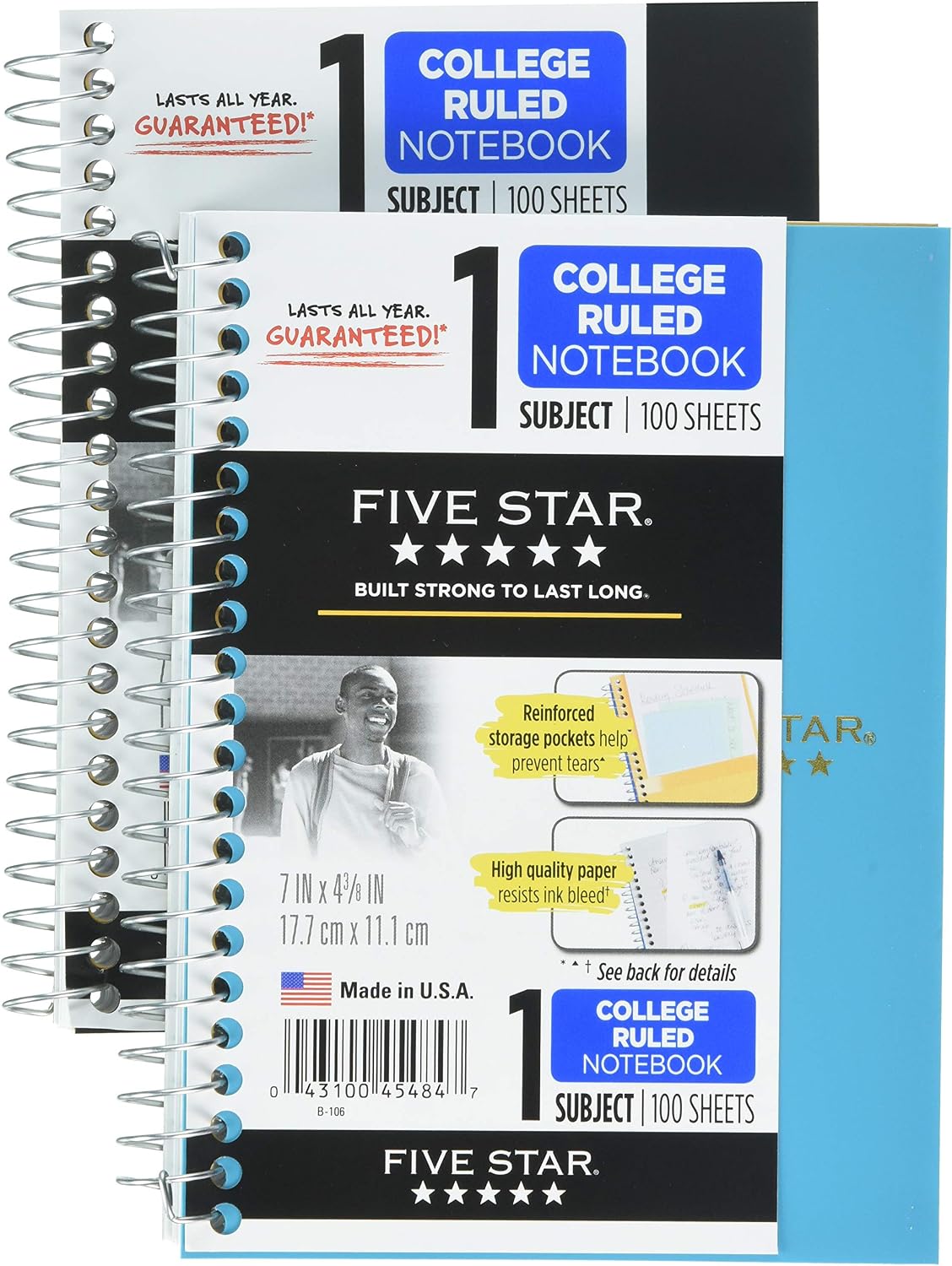 Mead Five Star Spiral Notebooks, 1 Subject, College Ruled Paper, 100 Sheets, 7 x 4-3/8", Personal Size, Colors Selected For You, 2 Pack (73707)