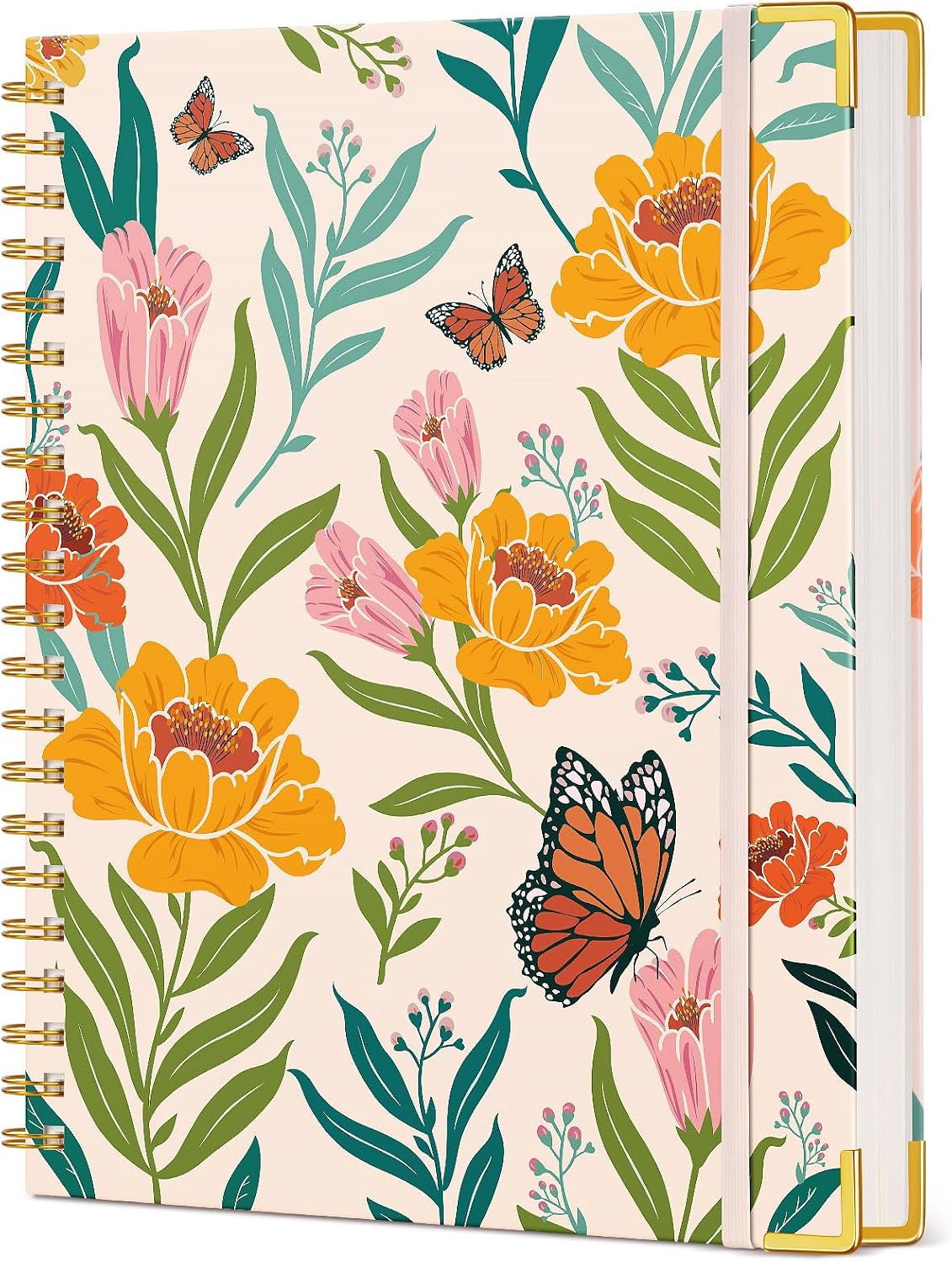 Cute Spiral Notebook Journal for Women, 200 Pages Lined Notebooks 8.5” x 11”, A4 Large Hardcover Spiral Journals with 100 GSM Thick Paper, College Ruled Notebook for Writing Work School, Orange Floral