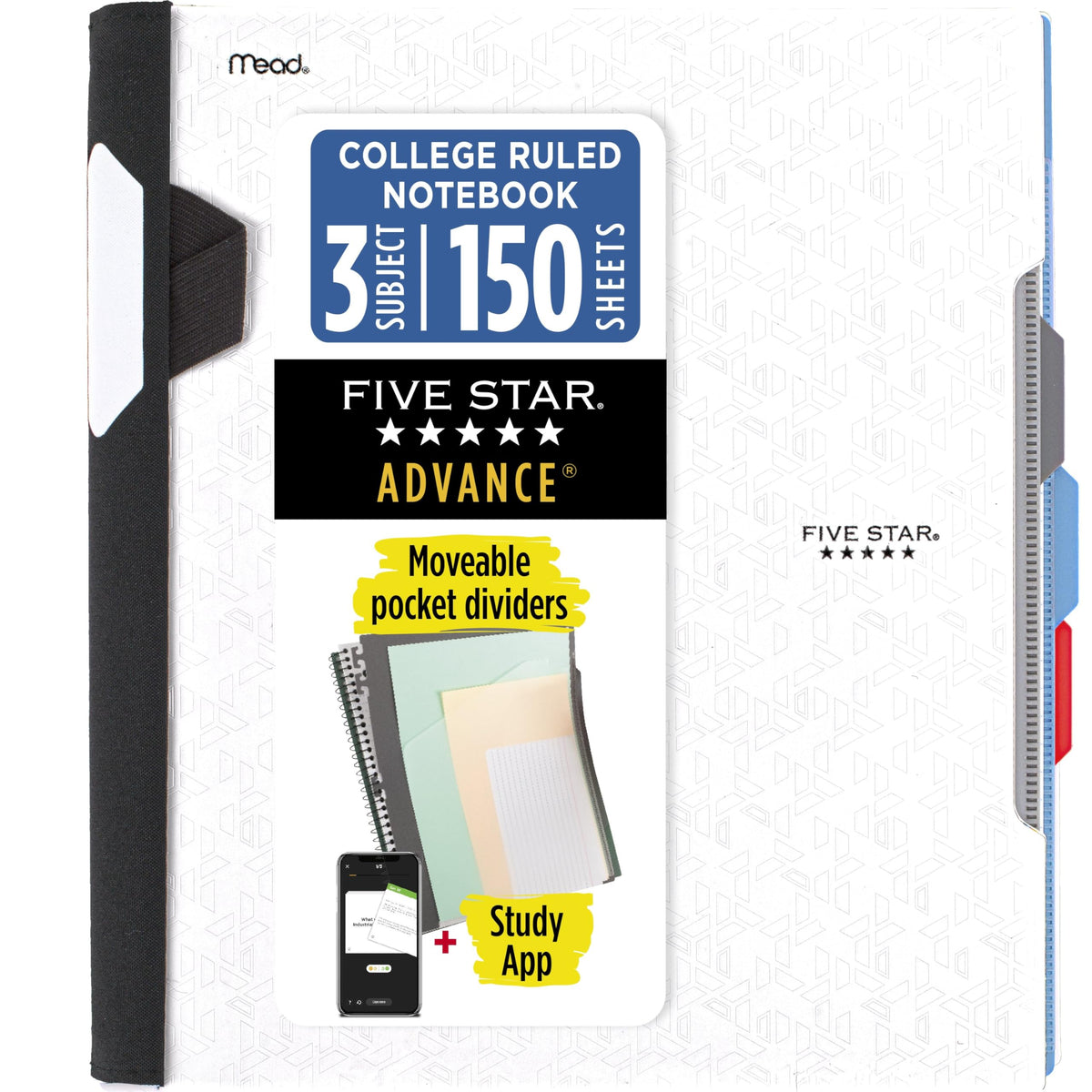 Five Star Advance Spiral Notebook + Study App, 3 Subject, College Ruled Paper, 8-1/2" x 11", 150 Sheets, Spiral Guard, Movable Tabbed Dividers, Pacific Blue (73138)