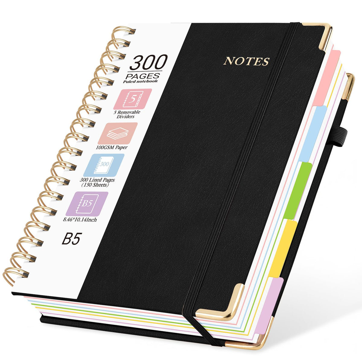 Hardcover Spiral Notebook, 5 Subject Notebook College Ruled 300 Pages