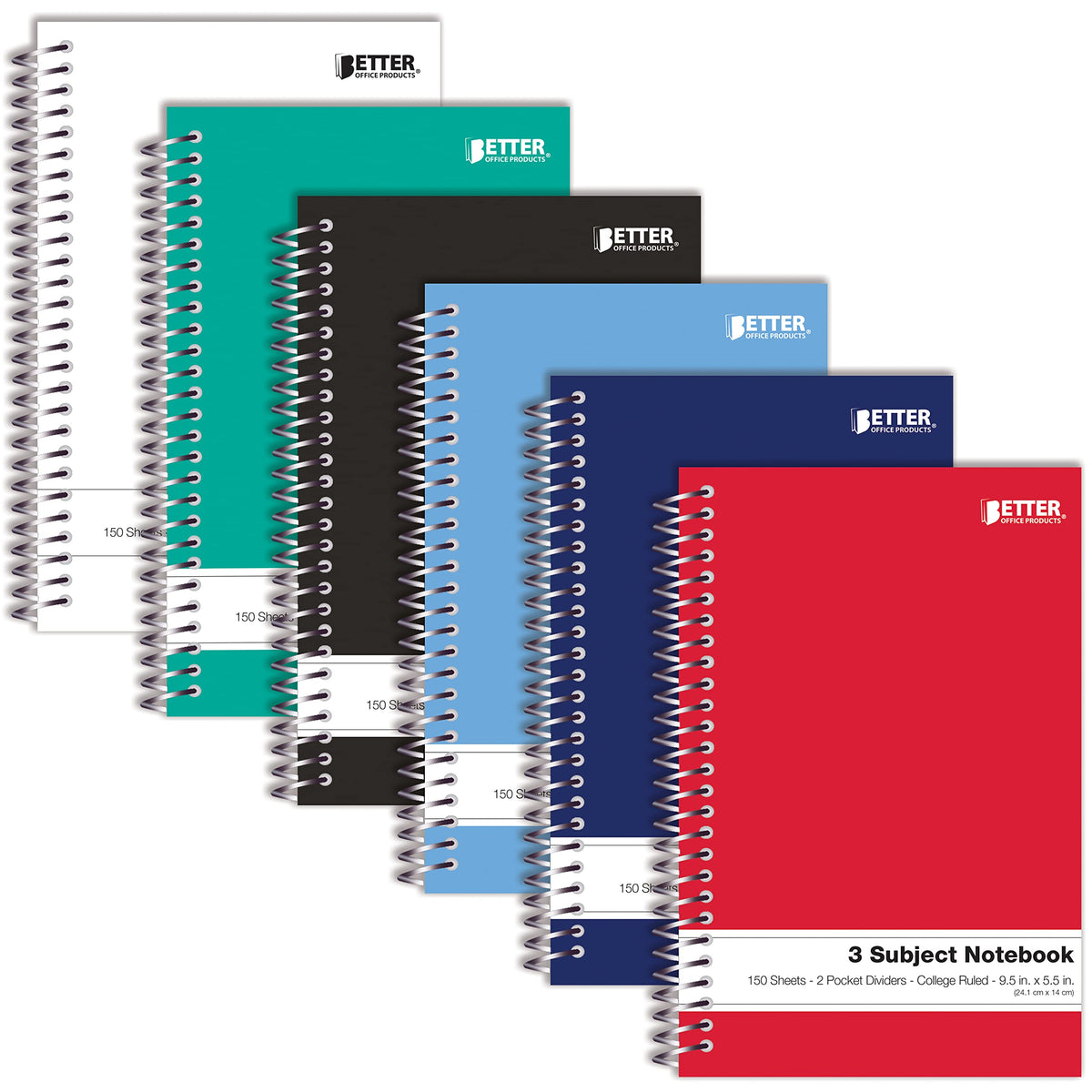 Better Office Products 3 Subject Spiral Notebooks, 9.5 x 5.5 inch, 6 Pack, 150 Sheet Notebook with 2 Double-Sided Pocket Dividers, Assorted Solid Color Covers (Wide Ruled)