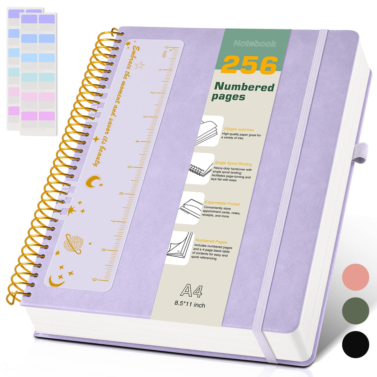 A4 Spiral Notebook Journal 8.5” x 11”, 256 Numbered Pages Hardcover Leather Journals for Women Men, Large Lined College Ruled Notebooks, 100GSM Thick Paper, Spiral Bound Journal for Work School, Green