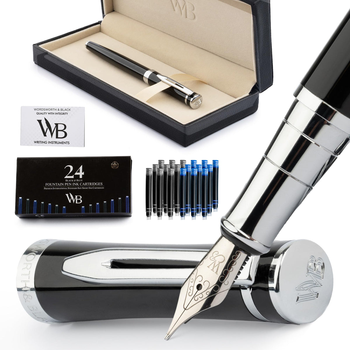 Wordsworth & Black Luxury Fountain Pen Set for Writing, Medium Nib, Silver