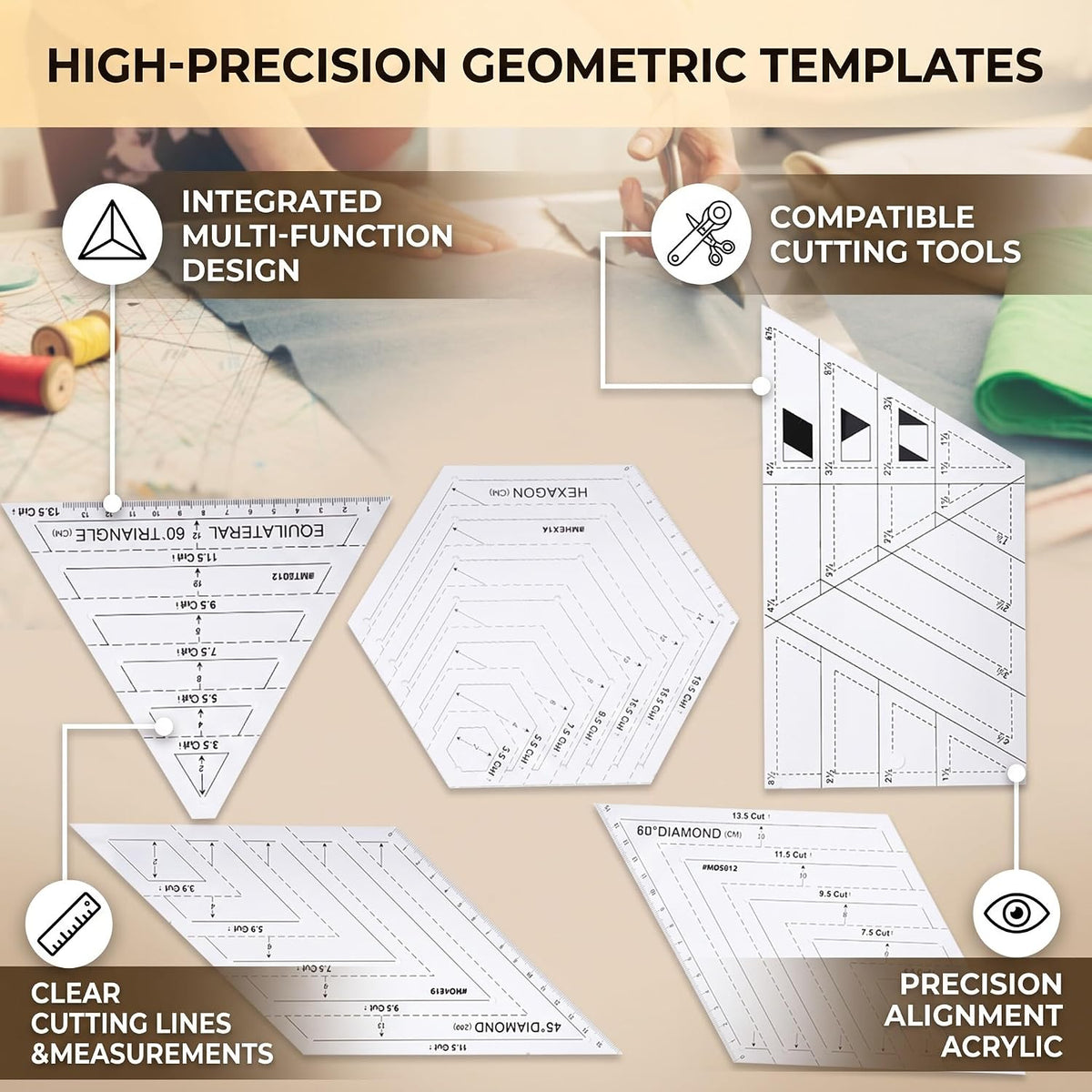 60 Degree Quilting Ruler Set, Ideal for Quilting, Sewing, Drawing, Cutting Plate with Trapezoidal, Triangular, 45 Degree, 60, Hex Rulers, Measuring Tool
