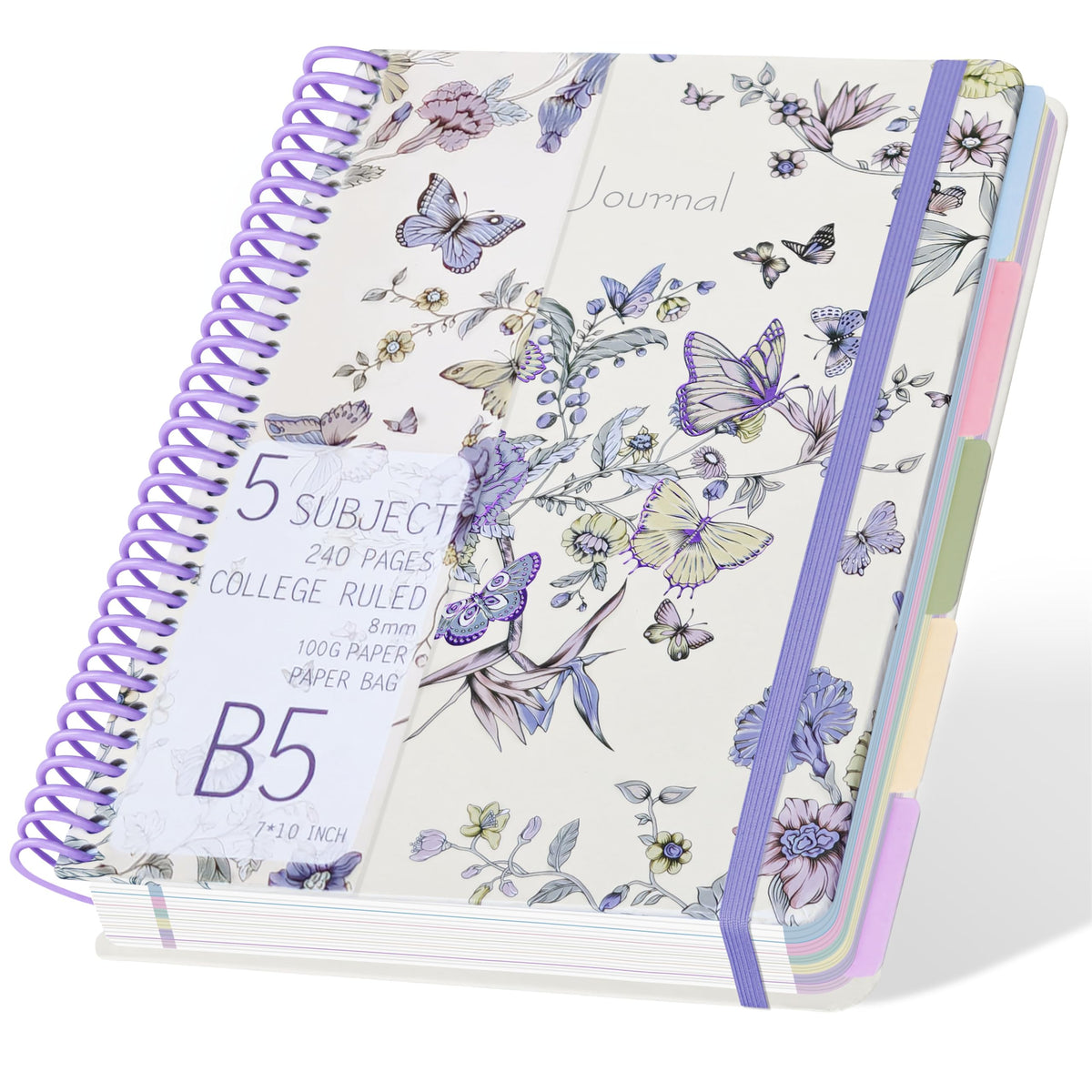 5 Subject Notebook College Ruled,B5 Spiral Lined Notebook with Dividers,240 Pages 100GSM Thick Spiral Writing Journal for Women,B5 Notebooks for School Office,7"*10",Purple