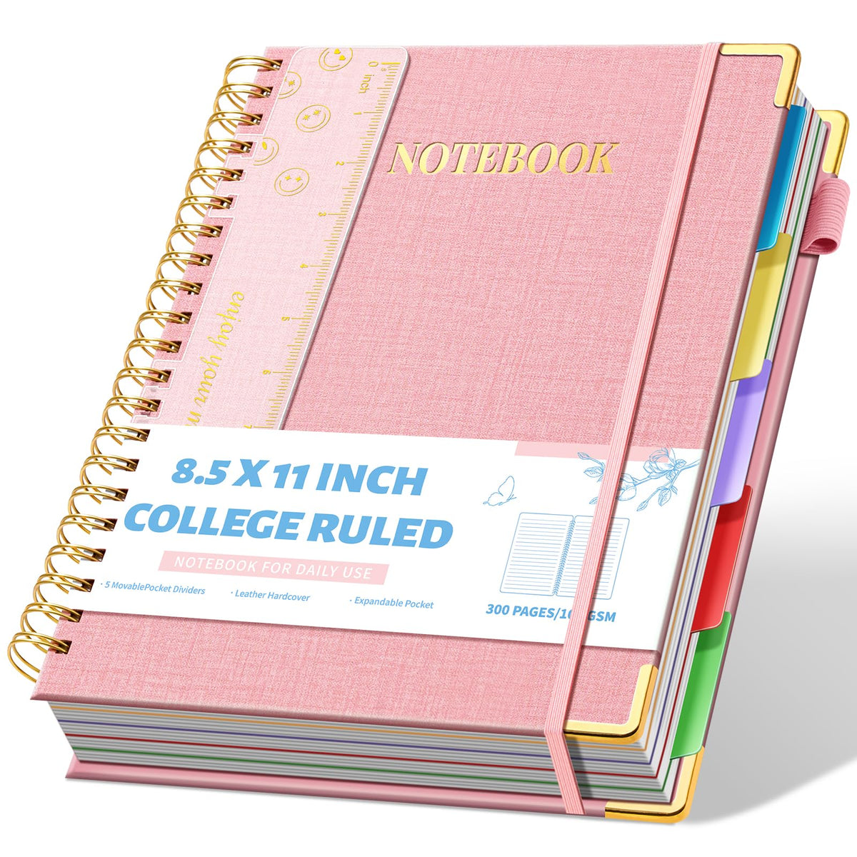 Ovesmusl 5-Subject Hardcover Spiral Notebook, 8.5" x 11", College Ruled