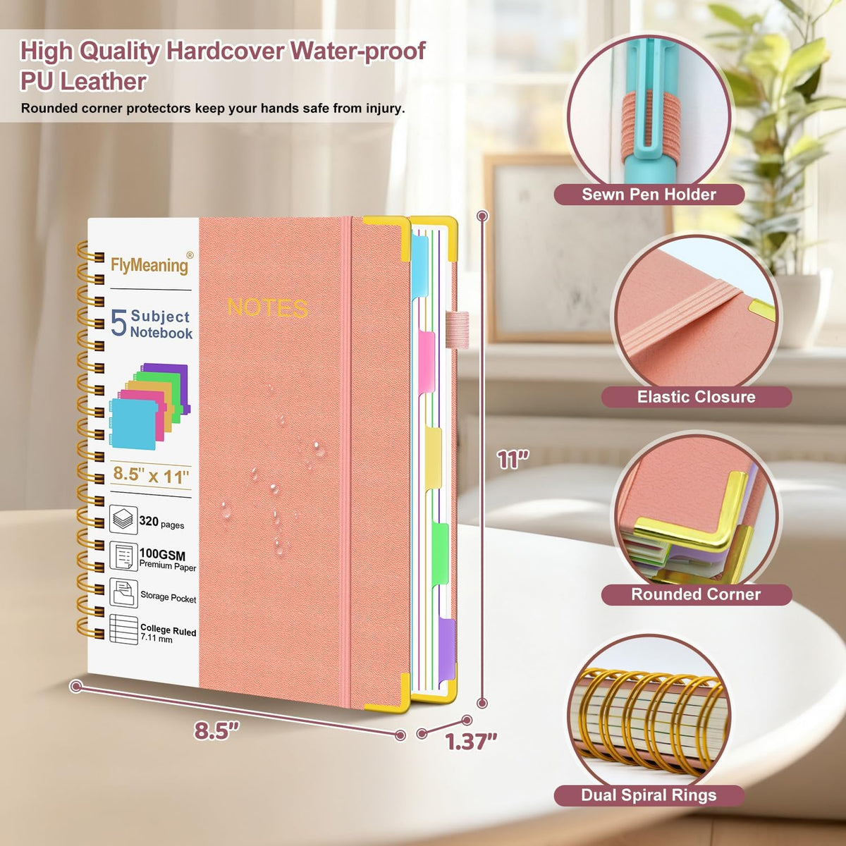 Hardcover Spiral Notebook Journal with Removable Dividers Tabs