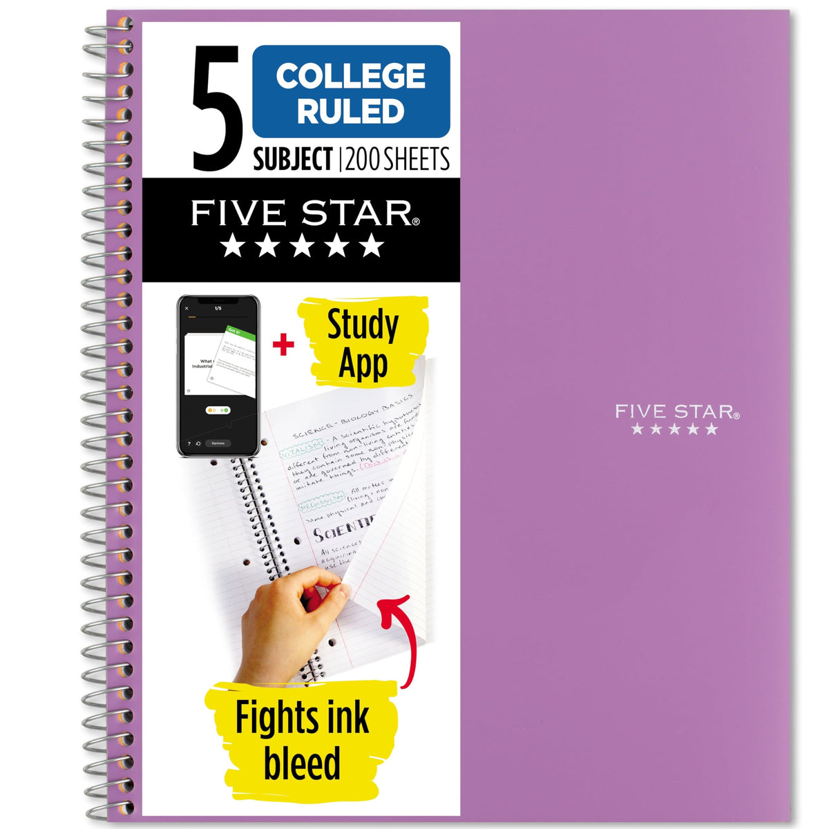 Five Star Spiral Notebook + Study App, 5 Subject, College Ruled Paper, 8-1/2" x 11", 200 Sheets, Fights Ink Bleed, Water Resistant Cover, Prom Pink (820004R)