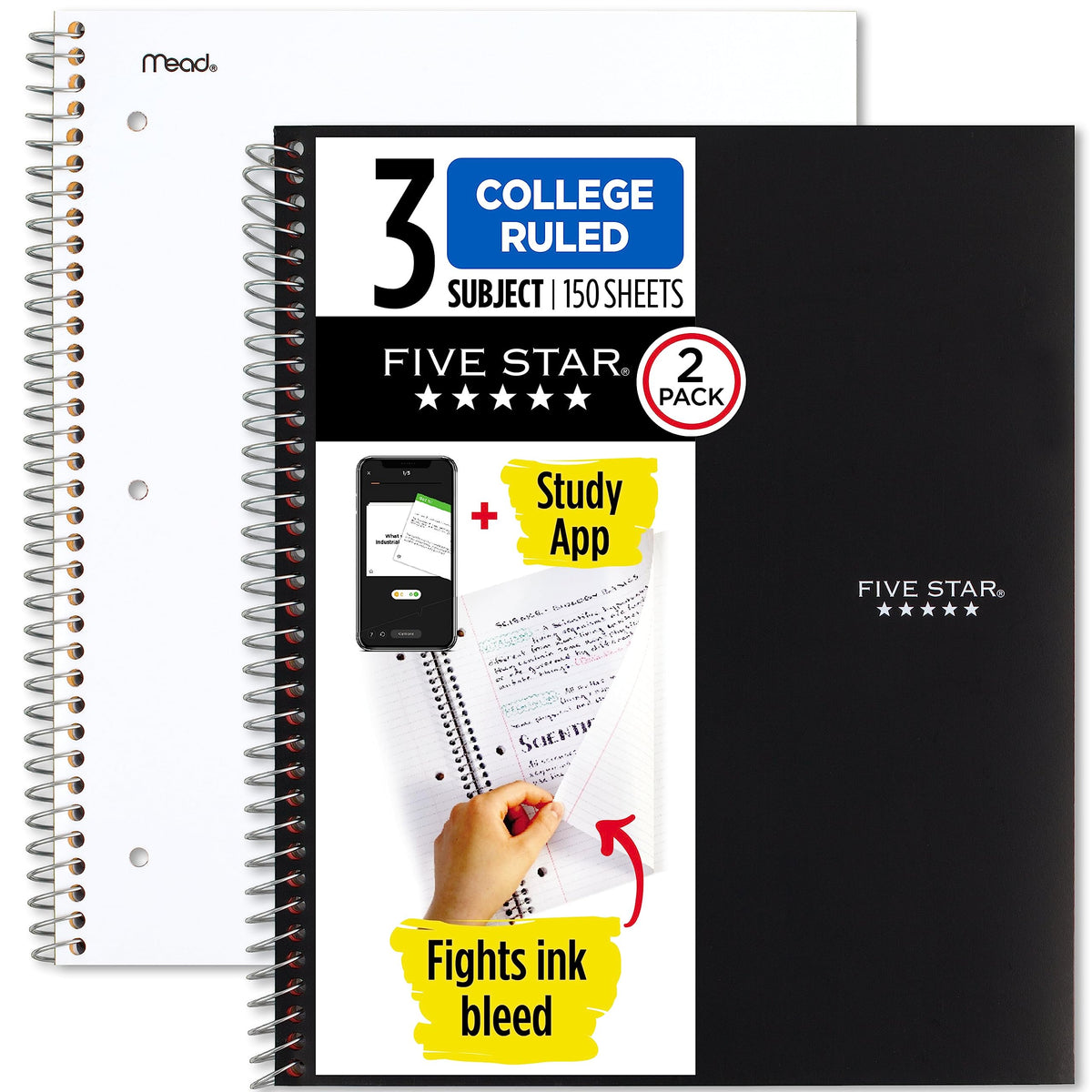 Five Star Spiral Notebook + Study App, 2 Pack, 3 Subject, College Ruled Paper, 8-1/2" x 11", 150 Sheets, Fights Ink Bleed, Water Resistant Cover, Black, Green (820191)