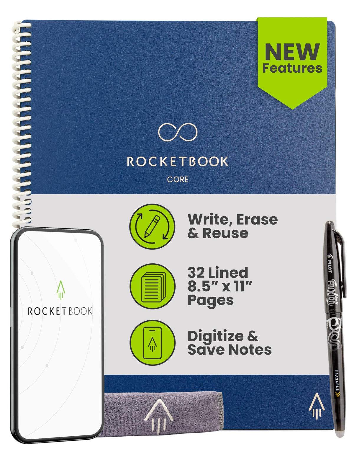 Rocketbook Core Reusable Smart Notebook, Letter Size 8.5x11, Black
