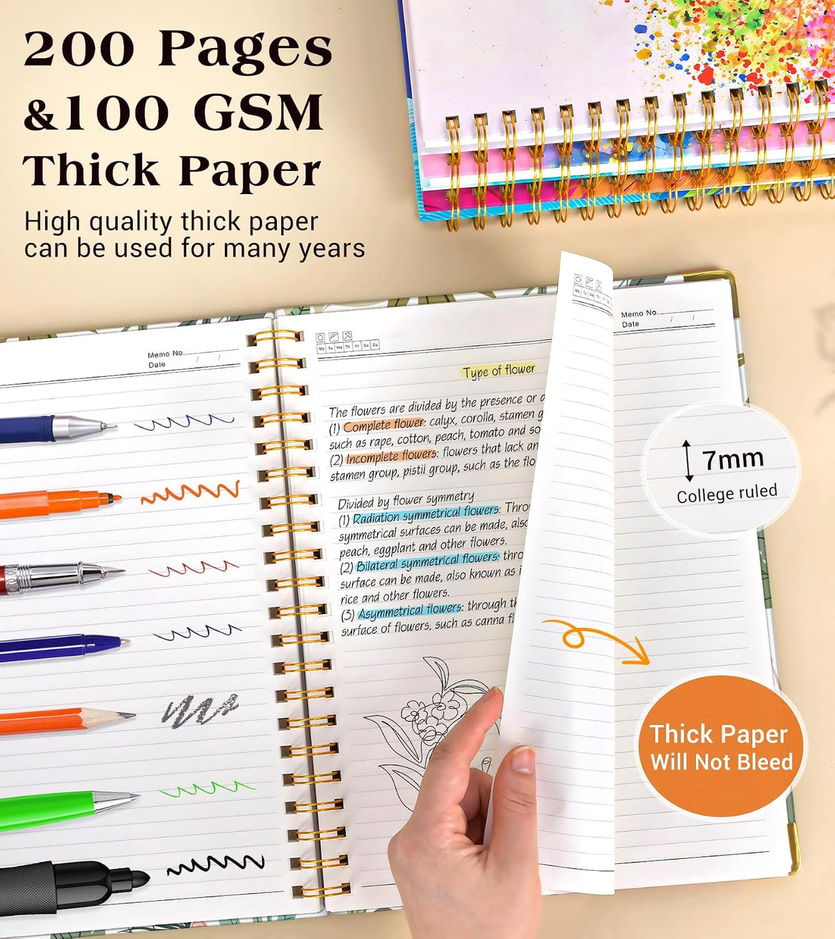 Lined Spiral Notebook Journal for Women, 200 Pages Aesthetic Notebooks 8.5” x 11”, A4 Large Hardcover Spiral Journals with 100 GSM Thick Paper, Cute College Ruled Notebook for Writing Work School, Colorful Botanicals