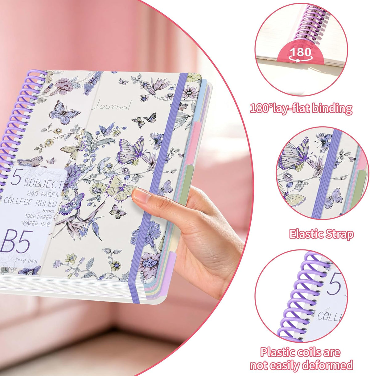 5 Subject Notebook College Ruled,B5 Spiral Lined Notebook with Dividers,240 Pages 100GSM Thick Spiral Writing Journal for Women,B5 Notebooks for School Office,7"*10",Purple