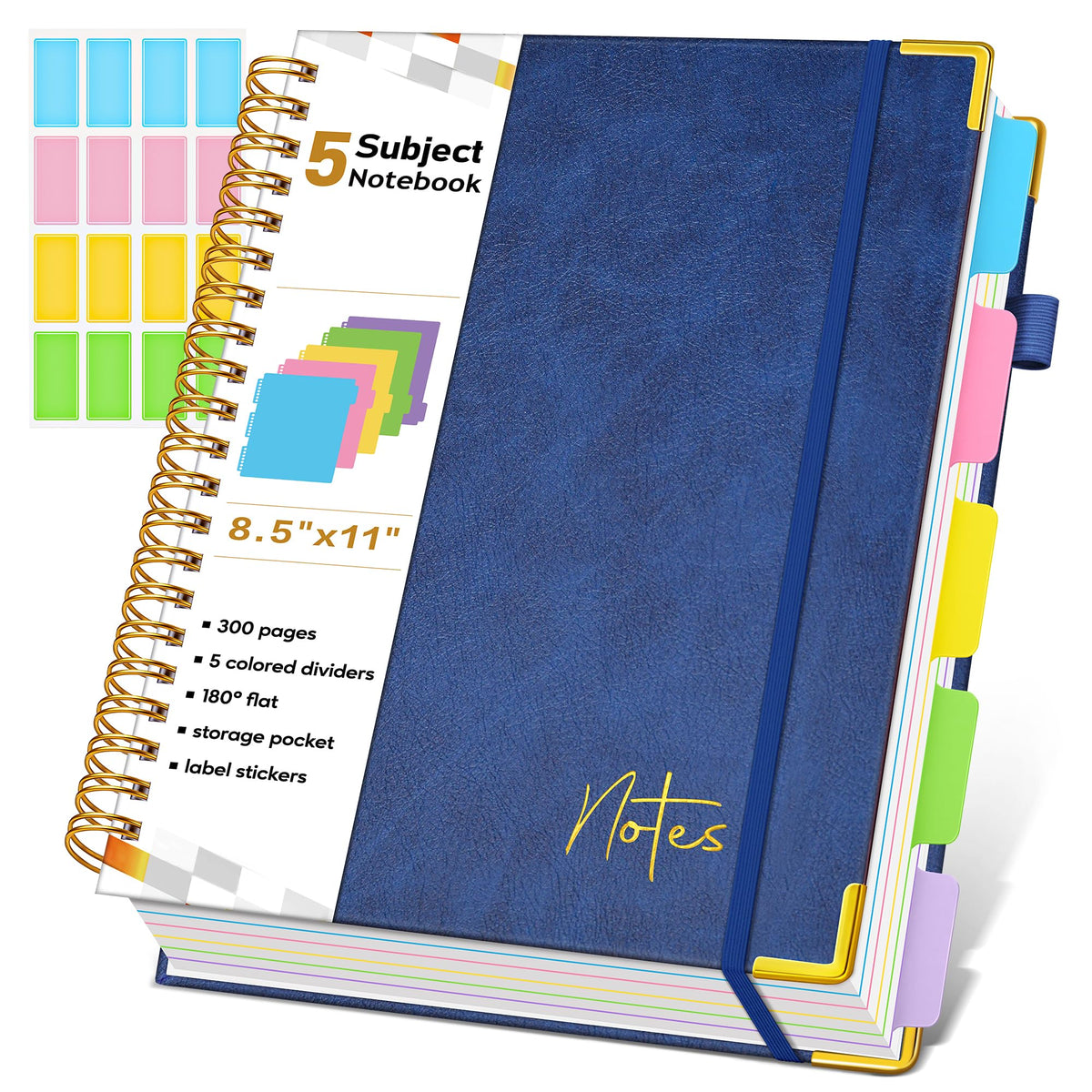 Spiral Notebook Journal with Removable Dividers Tabs, 300 Pages Hardcover Leather 5 Subject College Ruled Notebook, 8"x10" Large B5 Lined Journal for Women Men, Spiral Notebooks for Work School,Purple