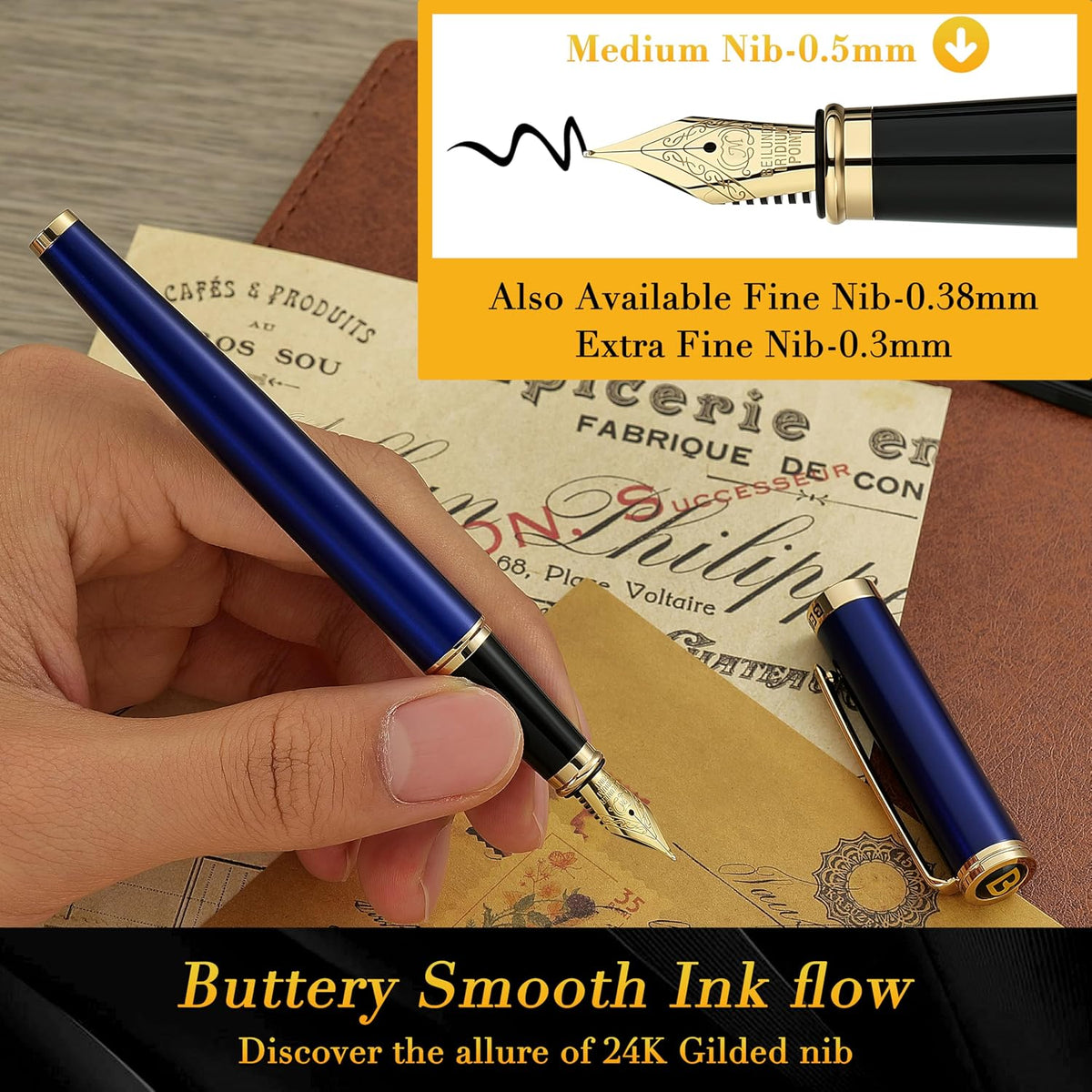 BEILUNER Blue Fountain Pen, 24K Gold Accents,24K Gilded Nib(Medium)
