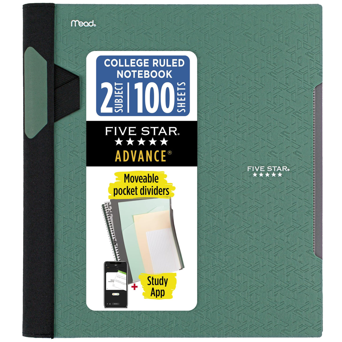 Five Star Advance Spiral Notebooks + Study App, 2 Pack, 1 Subject, College Ruled Paper, 11" x 8-1/2", 100 Sheets, With Spiral Guard and Movable Dividers, Black, Pacific Blue (820112)