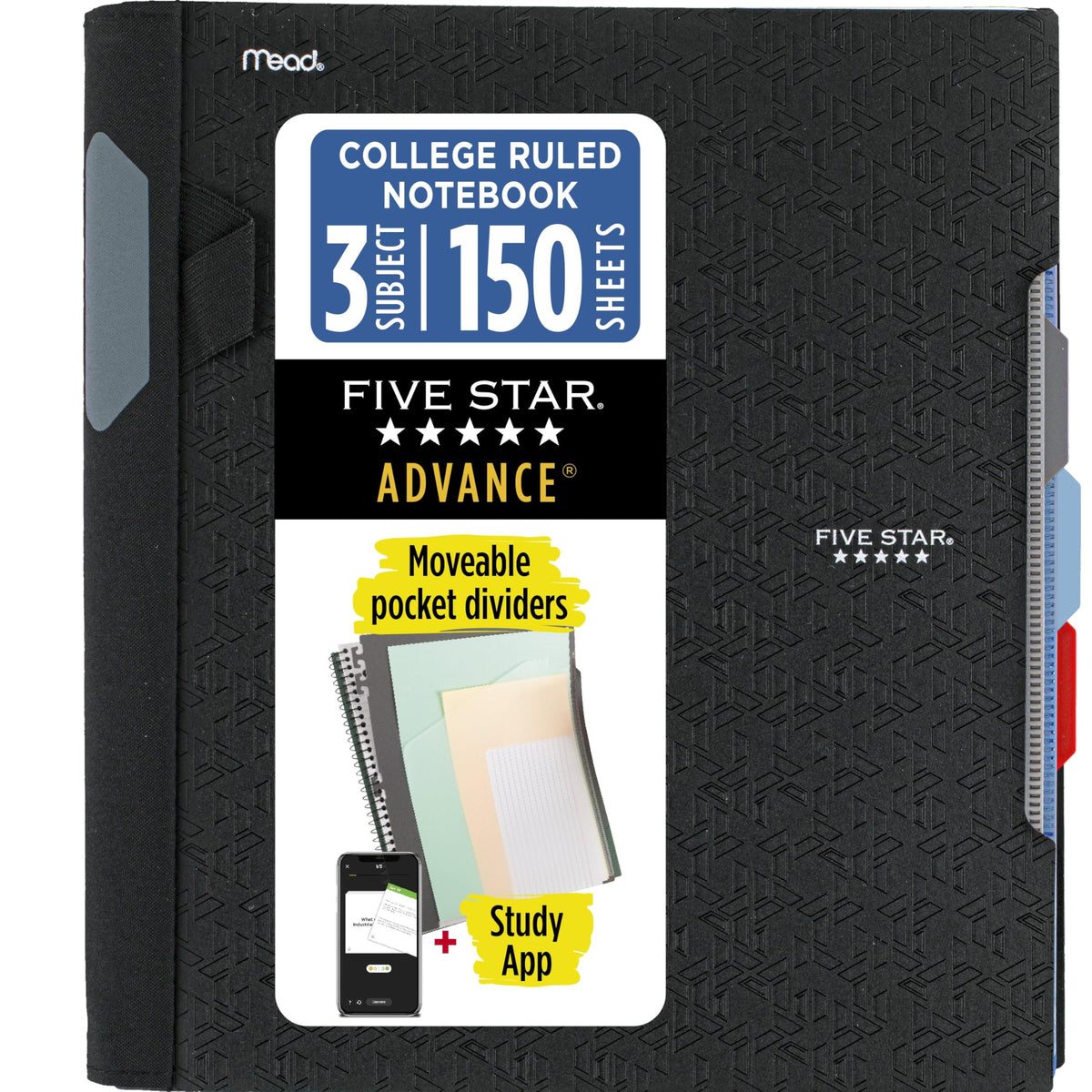 Five Star Advance Spiral Notebook + Study App, 3 Subject, College Ruled Paper, 8-1/2" x 11", 150 Sheets, Spiral Guard, Movable Tabbed Dividers, Pacific Blue (73138)