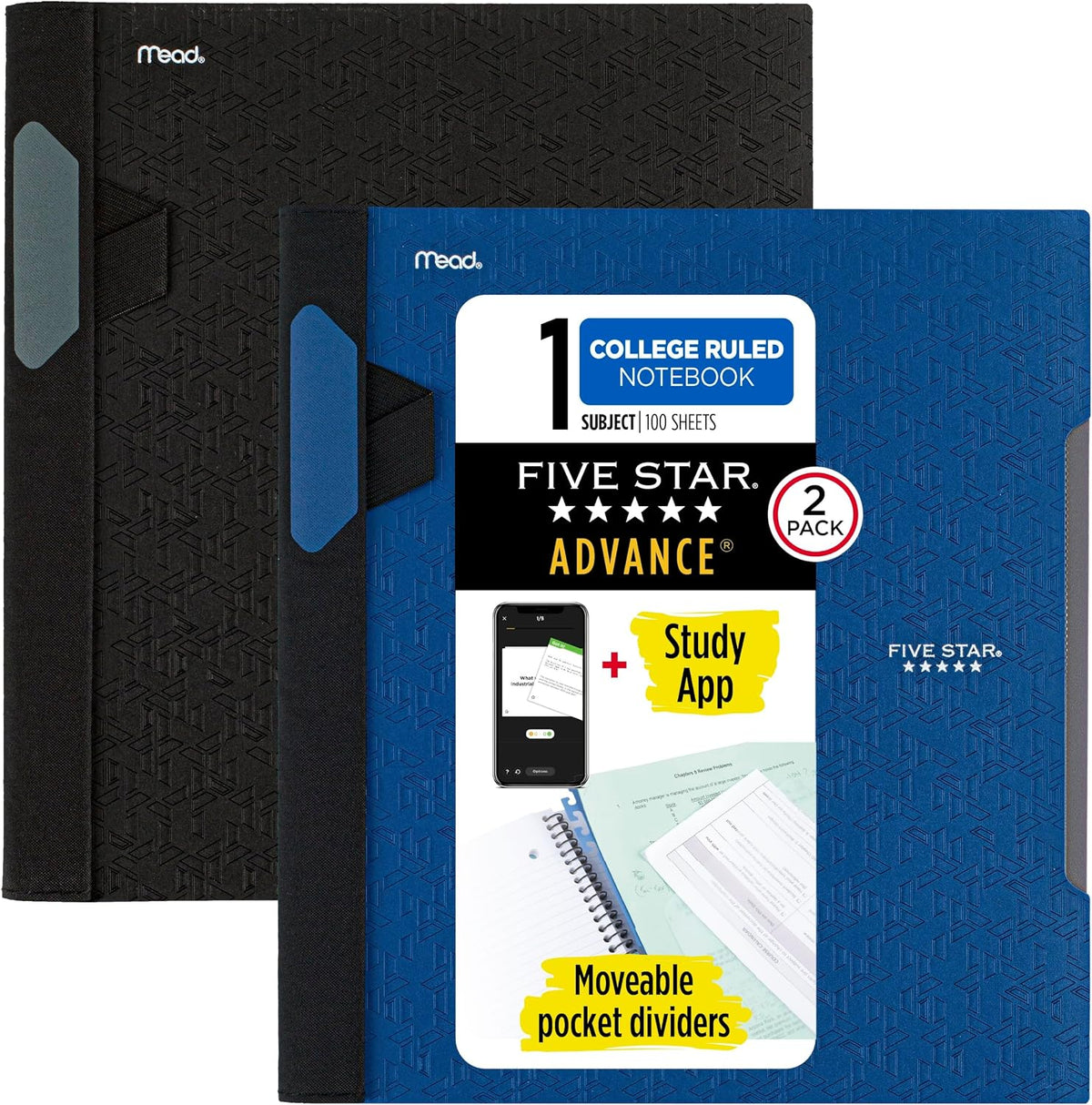 Five Star Advance Spiral Notebooks + Study App, 2 Pack, 1 Subject, College Ruled Paper, 11" x 8-1/2", 100 Sheets, With Spiral Guard and Movable Dividers, Black, Pacific Blue (820112)