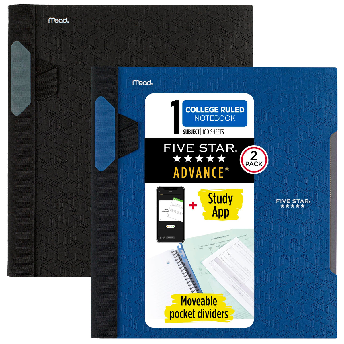 Five Star Advance Spiral Notebooks + Study App, 2 Pack, 1 Subject, College Ruled Paper, 11" x 8-1/2", 100 Sheets, With Spiral Guard and Movable Dividers, Black, Pacific Blue (820112)