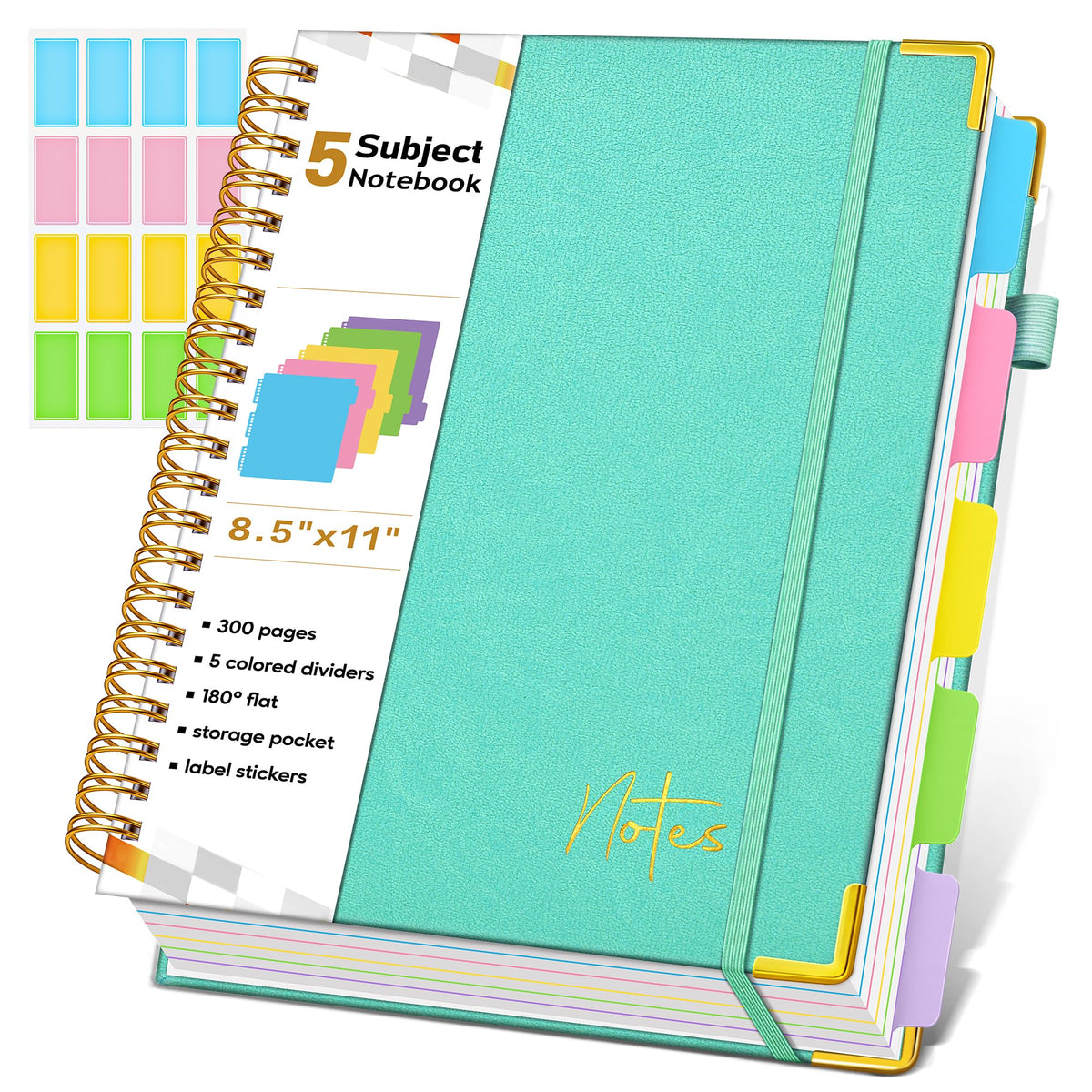 Spiral Notebook Journal with Removable Dividers Tabs, 300 Pages Hardcover Leather 5 Subject College Ruled Notebook, 8"x10" Large B5 Lined Journal for Women Men, Spiral Notebooks for Work School,Purple