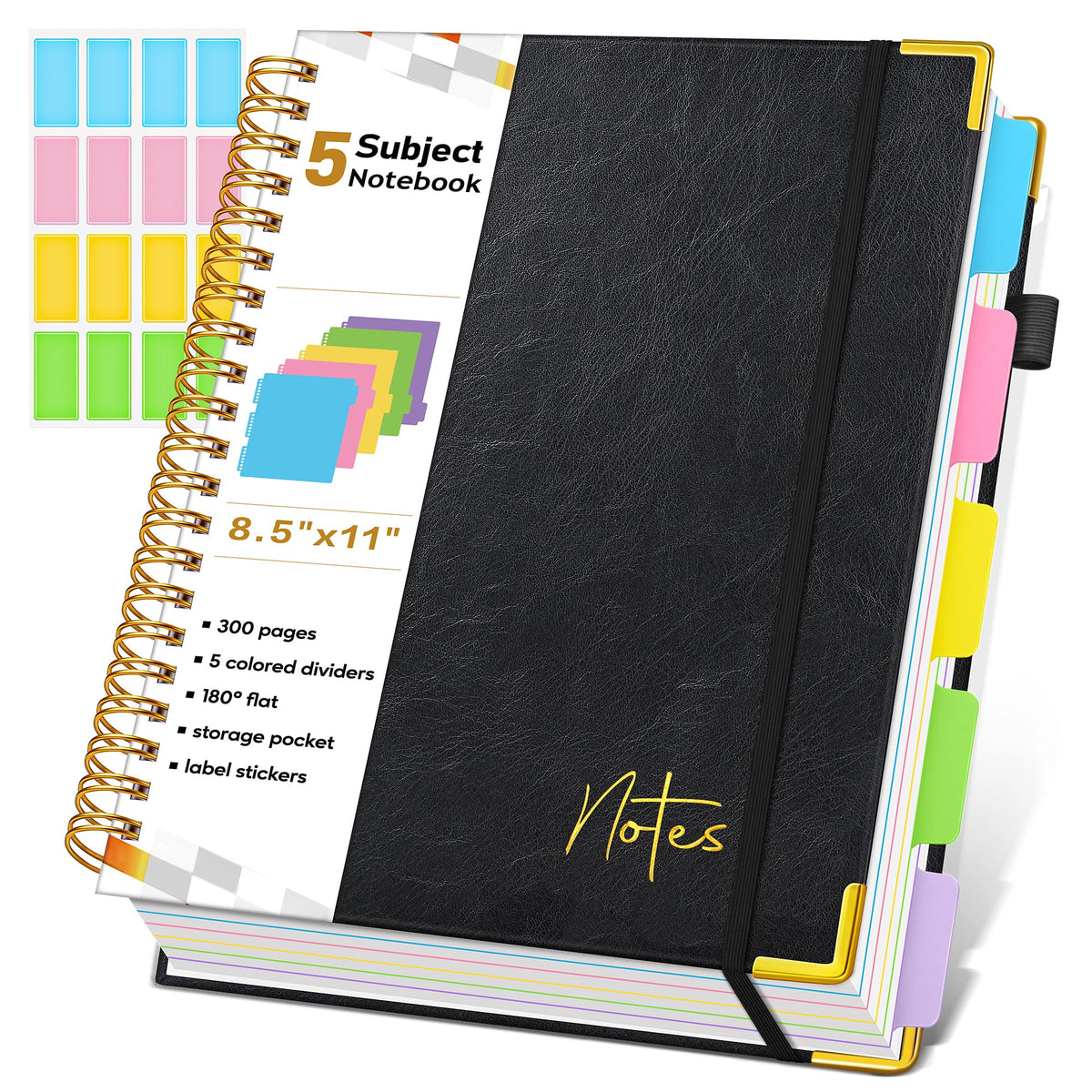 Spiral Notebook Journal with Removable Dividers Tabs, 300 Pages Hardcover Leather 5 Subject College Ruled Notebook, 8"x10" Large B5 Lined Journal for Women Men, Spiral Notebooks for Work School,Purple