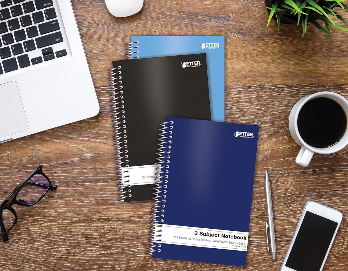 Better Office Products 3 Subject Spiral Notebooks, 9.5 x 5.5 inch, 6 Pack, 150 Sheet Notebook with 2 Double-Sided Pocket Dividers, Assorted Solid Color Covers (Wide Ruled)