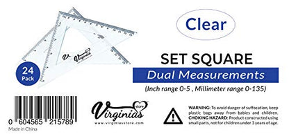 Virginia's Store 5 inch/13cm 90 Set-Squares Pack of 24, Crystal Clear Transparent, Shatter Resistant Plastic, Single-piece Plastic Molding, Drafting Tool Set, Ruler