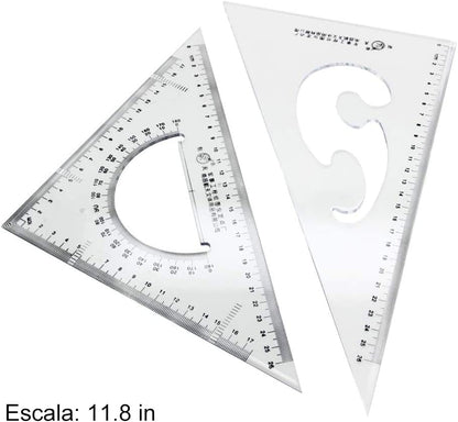 Utoolmart Triangle Ruler Set, 30cm / 11.8-inch Plexiglass Right Angle Ruler,Aluminum Alloy Triangular Ratio Scale Ruler, Measuring Tool for Drafting Drawing Learning Math Geometry Ruler 1 Pcs