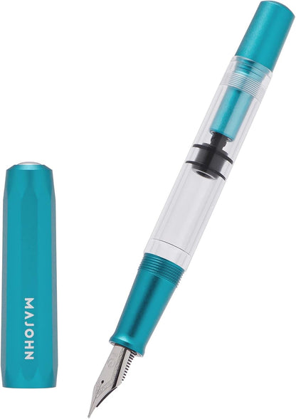 Majohn T1 Piston Fountain Pen Fine, Blue Aluminium Clear Acrylic Large Ink Capacity Writing Pen Box Set