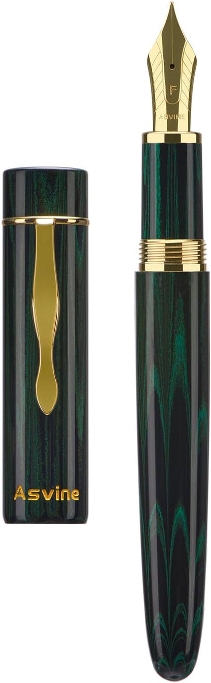 Asvine C2000 Germany Cumberland Ebonite Fountain Pen Number 8 Stub Nib 1.1mm Calligraphy Art Drawing Unique Pattern Pen with Converter Pen Box Collection Set- Green