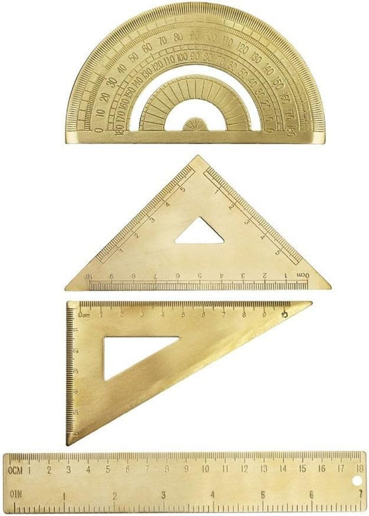 Golden Brass Ruler Stationery Set with Isosceles Triangle Right Angle Triangle Protractor 18cm Scale Measuring Tool for Drawing Drafting School Office Engineering