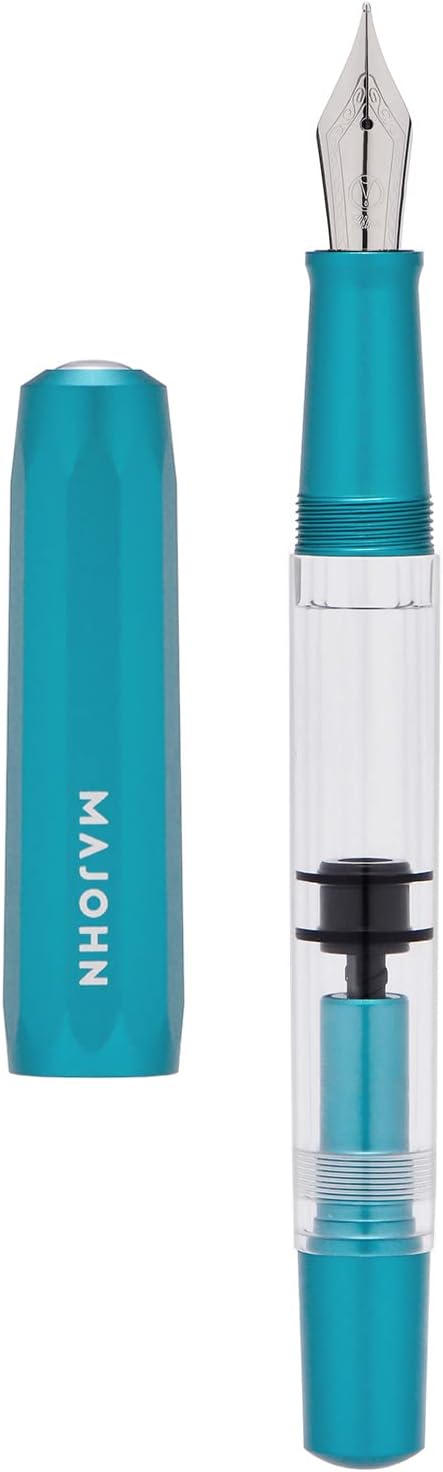 Majohn T1 Piston Fountain Pen Fine, Blue Aluminium Clear Acrylic Large Ink Capacity Writing Pen Box Set
