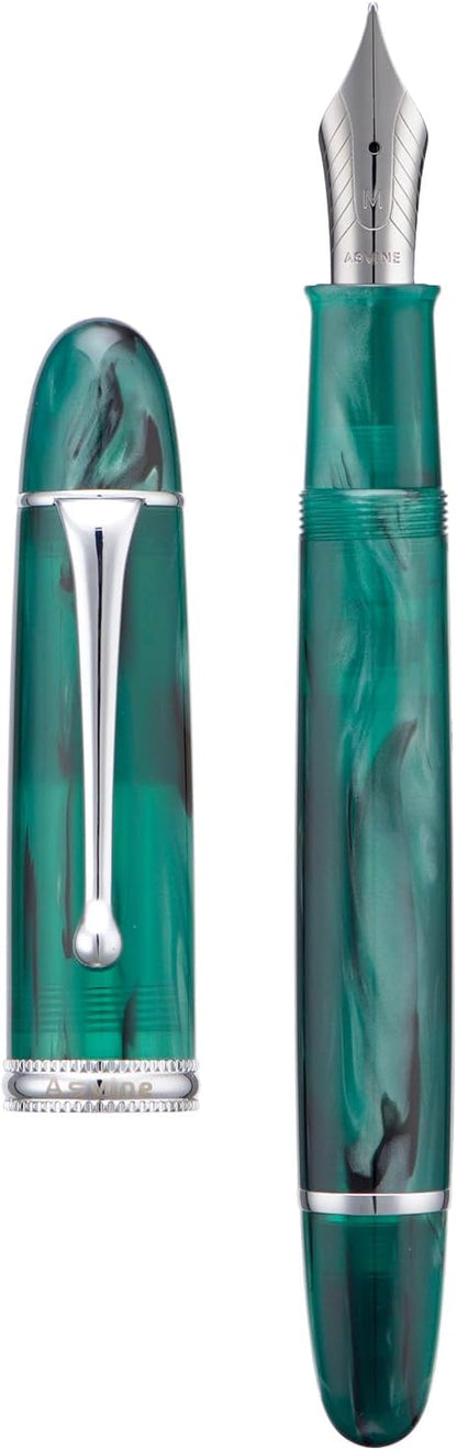 Asvine V800 Fountain Pen – Vacuum Filling System with Large Ink Capacity – Smooth Number 8 Fine Nib with Gift Case and Wrench- Green Acrylic