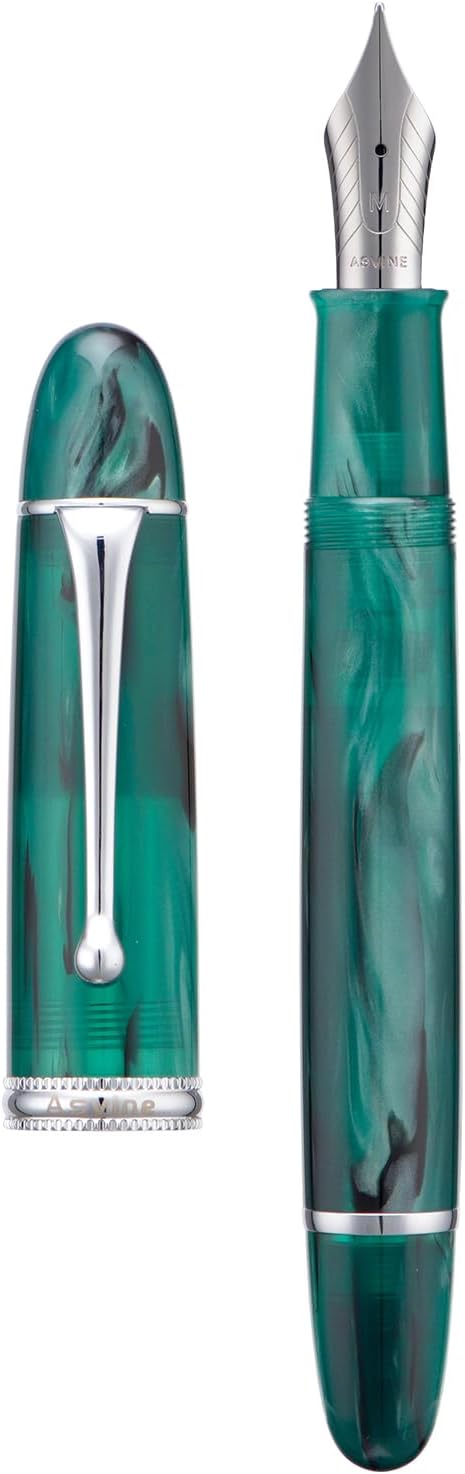 Asvine V800 Fountain Pen – Vacuum Filling System with Large Ink Capacity – Smooth Number 8 Fine Nib with Gift Case and Wrench- Green Acrylic