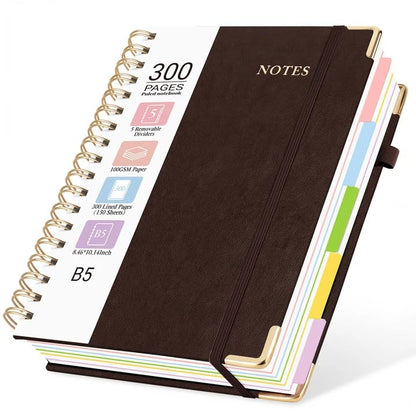 Hardcover Spiral Notebook, 5 Subject Notebook College Ruled 300 Pages