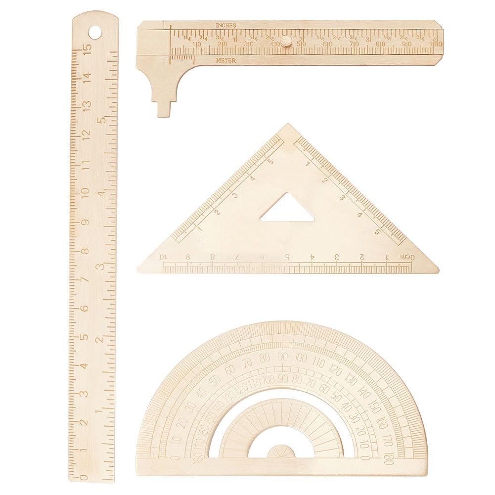 WEBEEDY Set of 4 Metal Geometry Ruler Kit Gold Brass Ruler Set, with 15cm Straight Edge Ruler, 10cm Small Straight Ruler, Triangular Ruler, Protractor for Engineers Office Drawing Drafting Art Work
