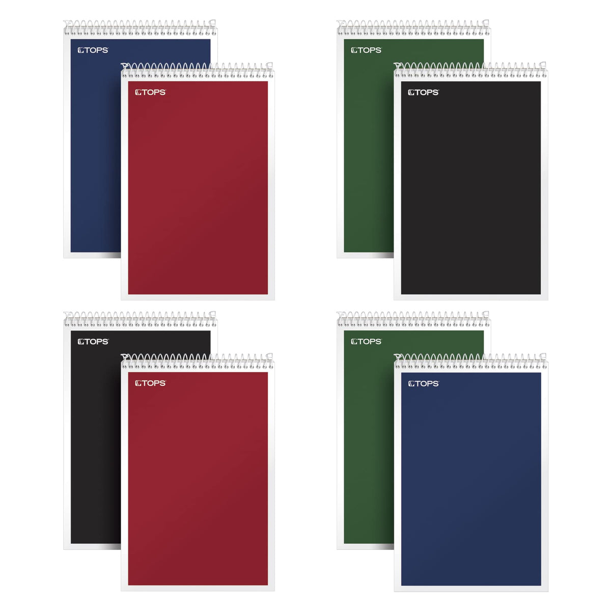Tops Spiral Steno Books 8 Pack, 6" x 9", Gregg Rule White Paper, Assorted Covers, 80 Sheets per Book/8 Books per Pack, Red, Black, Blue, Green (80219)
