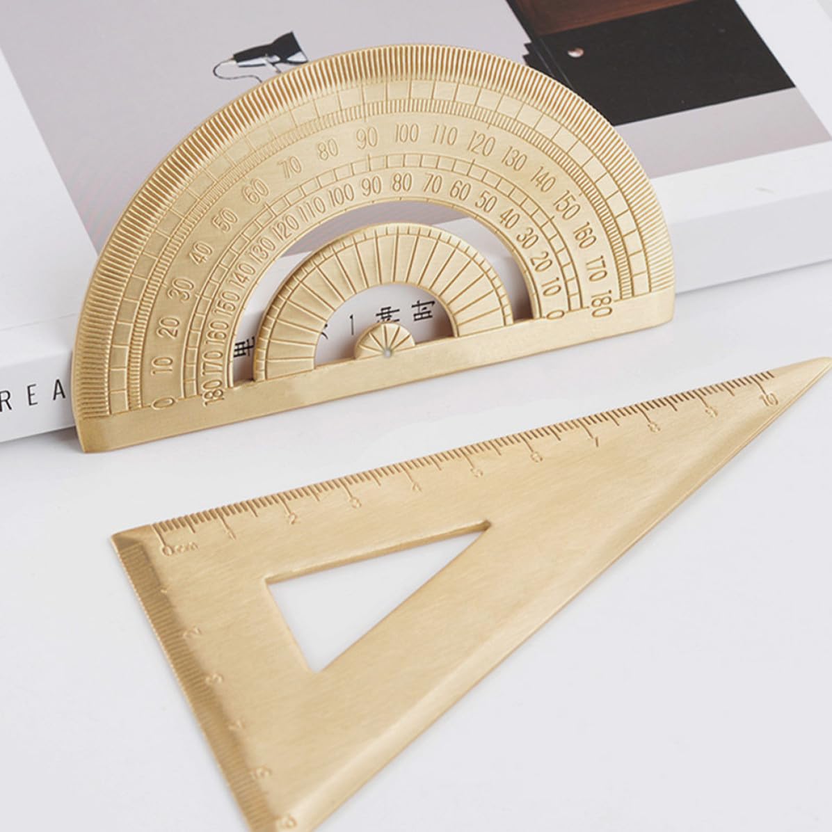 Brass Protractor Set with Triangle Ruler for Geometry Drawing Tools