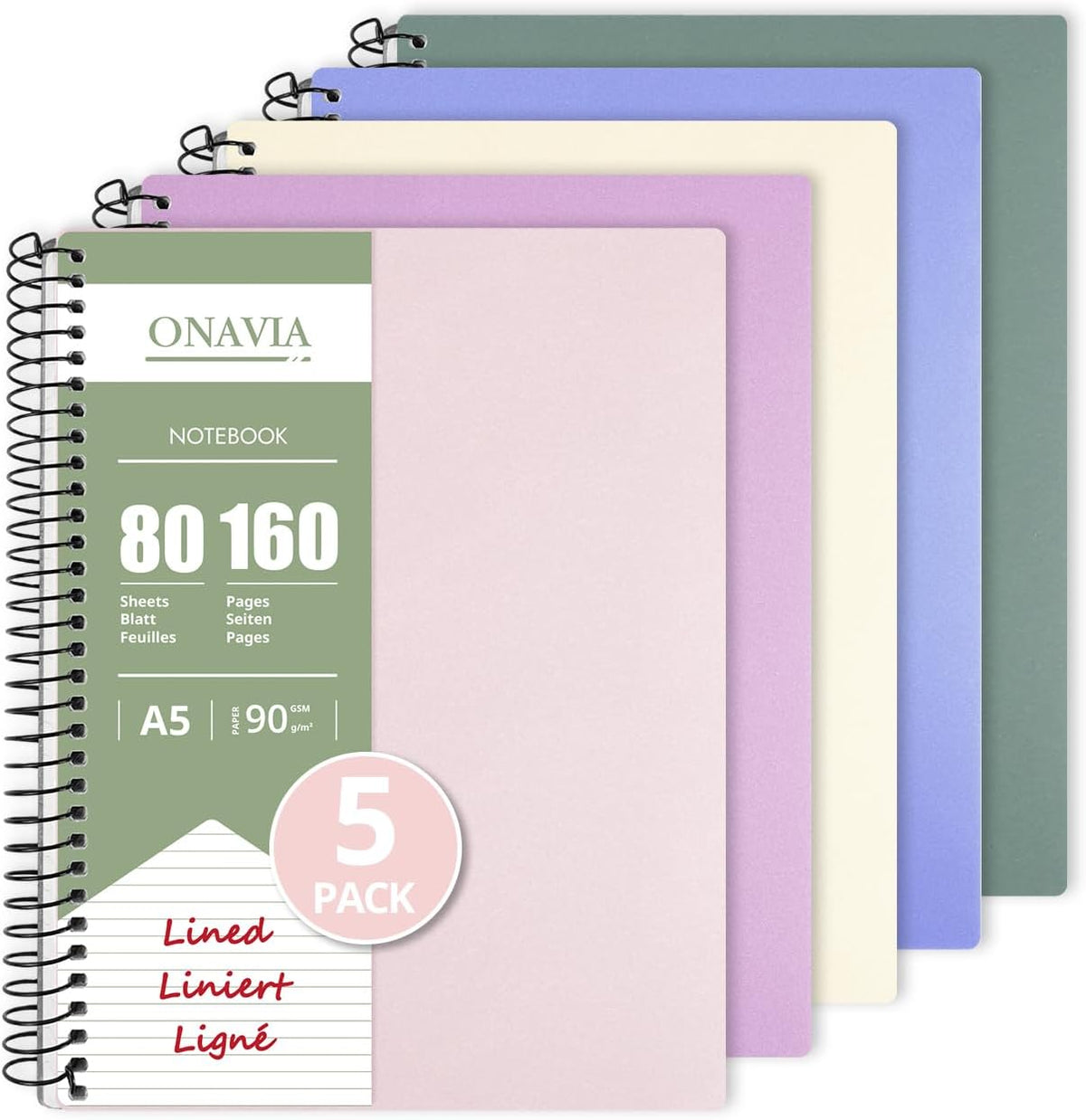 ONAVIA A5 Spiral Lined Journal Notebook, 5.8" x 8.3", 5 Pack, 160 Pages