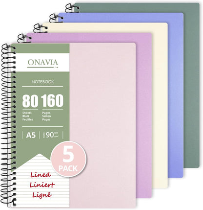 ONAVIA A5 Spiral Lined Journal Notebook, 5.8" x 8.3", 5 Pack, 160 Pages