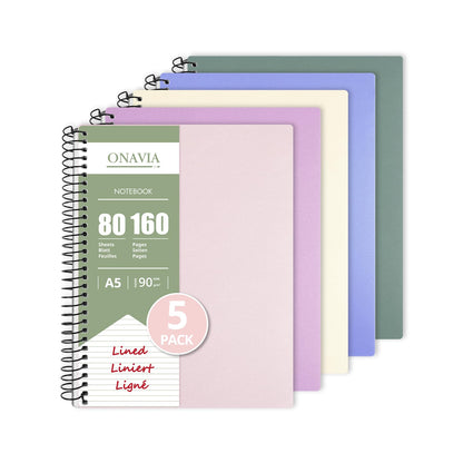 ONAVIA A5 Spiral Lined Journal Notebook, 5.8" x 8.3", 5 Pack, 160 Pages
