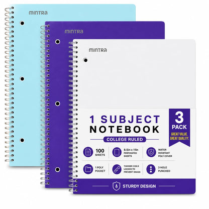 Mintra Office Durable Spiral Notebooks, 1 Subject, (Spring Pink, Sun Yellow, Arctic Ice, College Ruled 3pk)