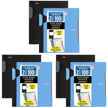 Five Star Advance Spiral Notebooks + Study App, 2 Pack, 1 Subject, College Ruled Paper, 11" x 8-1/2", 100 Sheets, With Spiral Guard and Movable Dividers, Black, Pacific Blue (820112)
