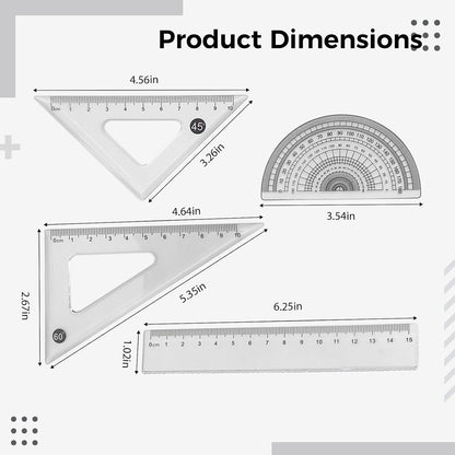 10 Pcs Ruler Set, Transparent Plastic Triangular Rulers, Protractors and Straightedge, Measuring Tools for Drawing, Clear Markings, Metric and Imperial Scales, for Art Studio and Home Use
